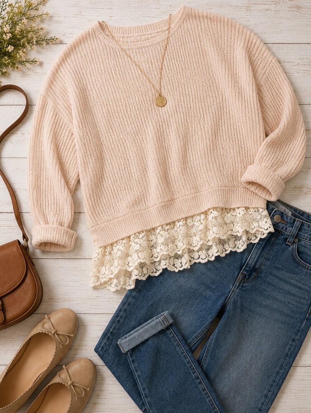 Pins & Needles Cream Blush Sweater with Lace Small